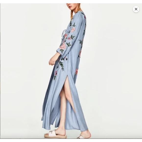 Zara Trafaluc Denimwear Floral Embroidered Kimono Light Denim Button Tie Small - Picture 5 of 16